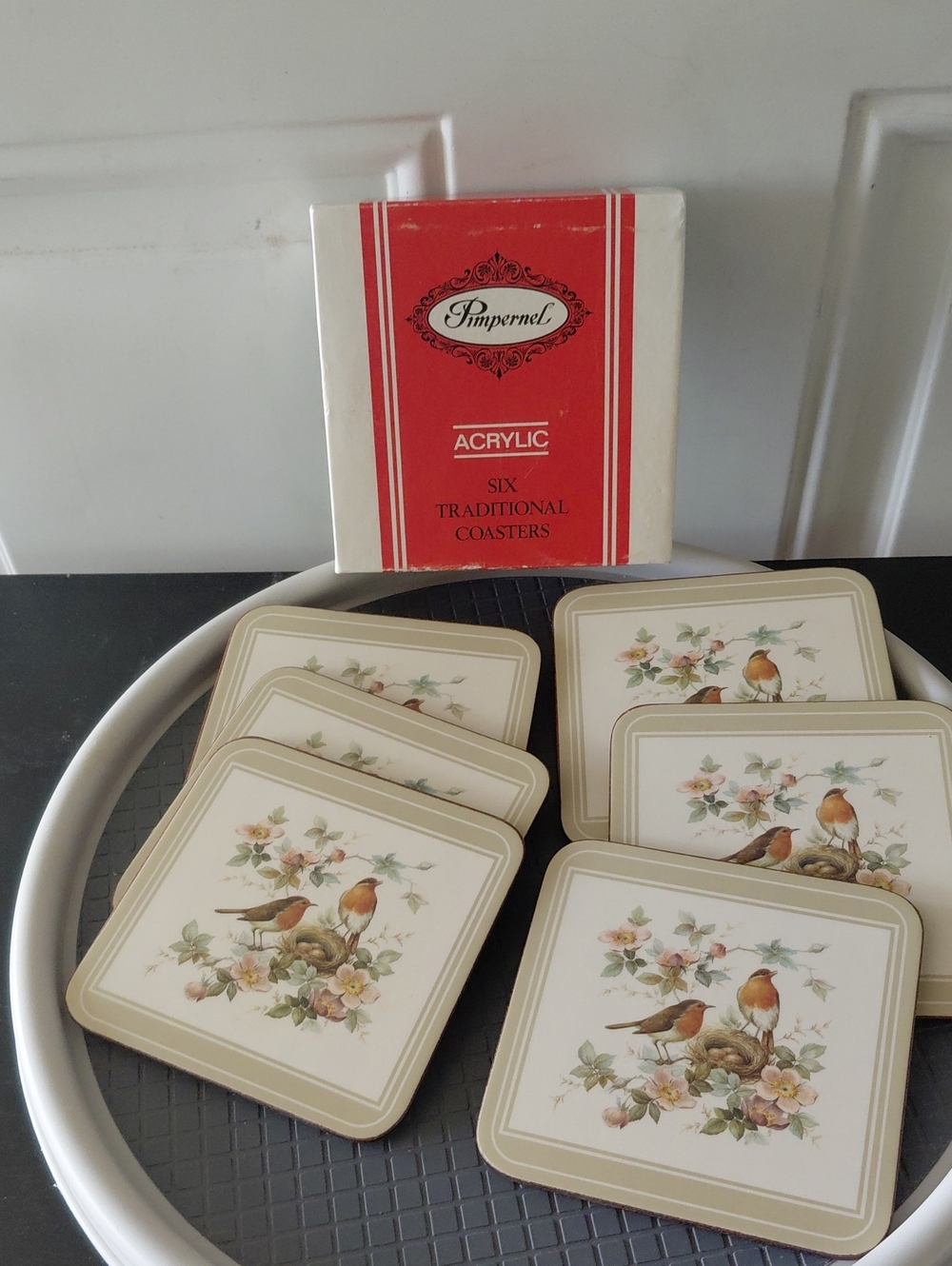 Pimpernel Beige and Floral Bird Acrylic Coaster Set